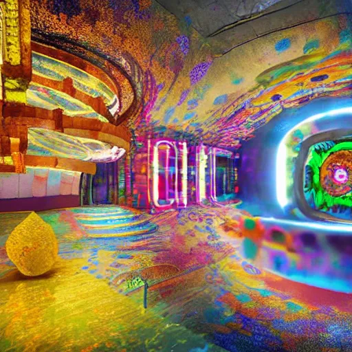 Image similar to underground cinema, realistic architecture, colorfull lights, octane render, 4k, 8k, fractals, psychedelic