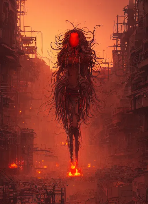 Prompt: highly detailed portrait of wasteland punk long curly fire hair tribal lady, stray wiring by atey ghailan, james gilleard, by joe fenton, by greg rutkowski, by greg tocchini, by kaethe butcher, 4 k resolution, gradient red, orange, black and white color scheme!!! ( ( flaming robotic dystopian city spiral background ) )