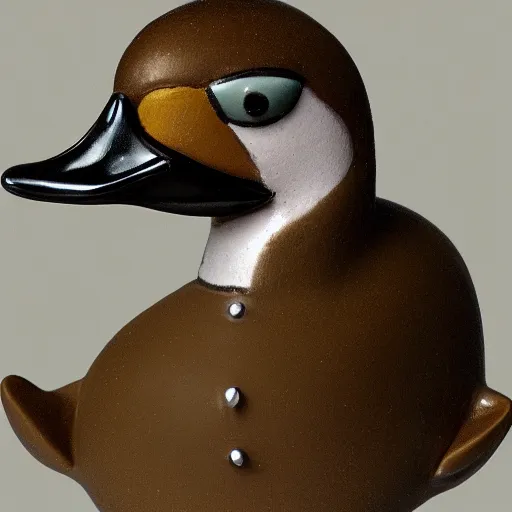 Image similar to a high detail photo of an antropomorphic duck wearing a suit, subject= duck, subject detail: wearing a suit, photorealism