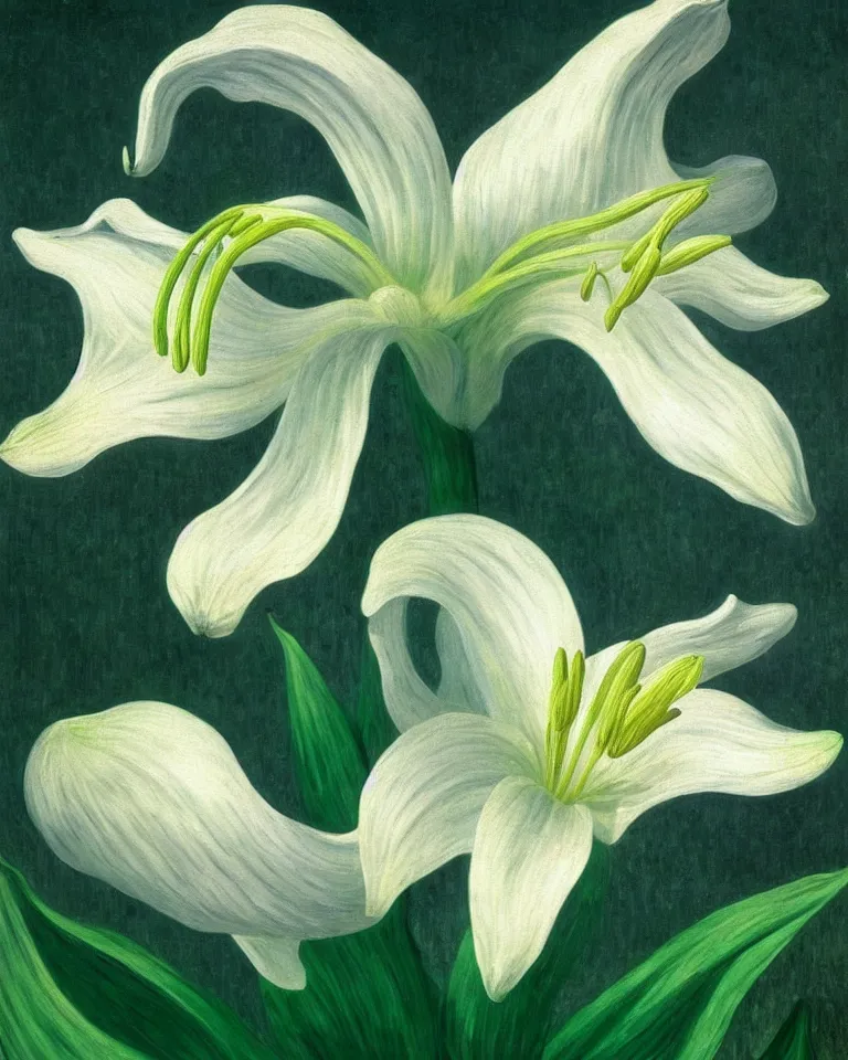 Prompt: achingly beautiful painting of one white lily blossom on green background rene magritte, monet, and turner. piranesi. macro lens.