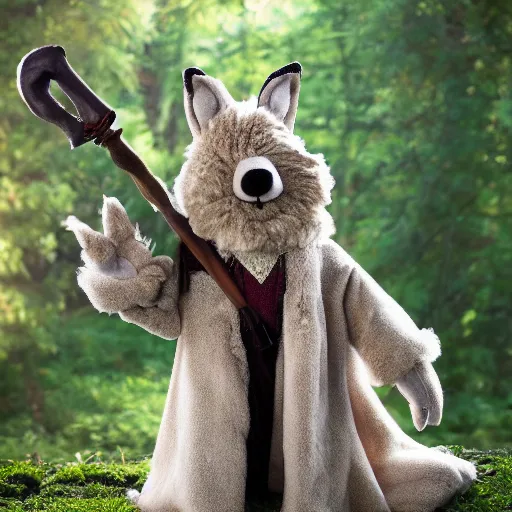 Image similar to photorealistic real life foxfolk wizard druid as a furry muppet plush wearing a fancy elven cloak and holding a sentient scimitar, photography, national geographic, sesame street