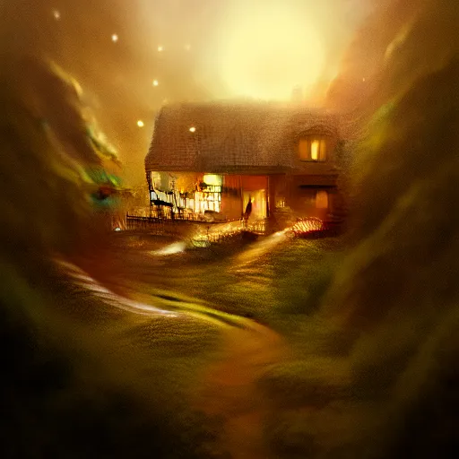 Image similar to ! dream small hillside house made of honey and milk, modern lighting, hyper - realistic, hyper - detailed, 8 k, octane rendered, art nouveau, organic, flowing, impossible torsion, writhing, dusk, lush, dynamic, in the style of ross tran and jean baptiste monge