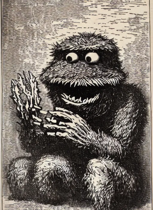 Image similar to cookie monster devours gingerbread men, demon from the dictionarre infernal, etching by louis le breton, 1 8 6 9, 1 2 0 0 dpi scan, ultrasharp detail, clean scan