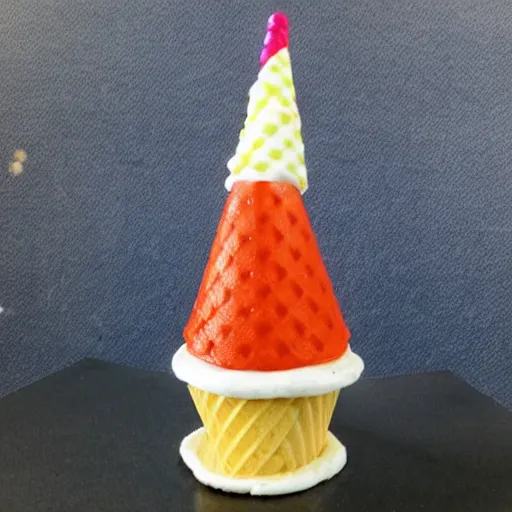 Prompt: hyper realistic cupcake gnome with wafflecone hat