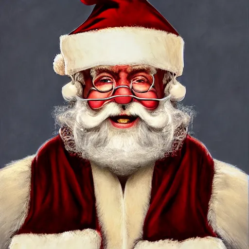 Image similar to frontal upper view of santa claus that is evil, cream colored cap, cream colored robe, red grinning mouth, cream colored background, fine art, award winning, intricate, elegant, sharp focus, cinematic lighting, digital painting, 8 k concept art, by michael hussar and greg manchess and brom and z. w. gu, 8 k