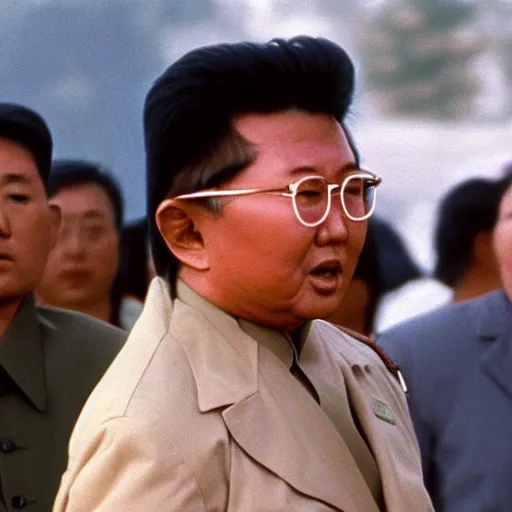 Image similar to filmstill of Kim Jong-il in the role of Rambo with head bandana, cinemascope, Eastman Color Negative 50T 5251 Neg. Film