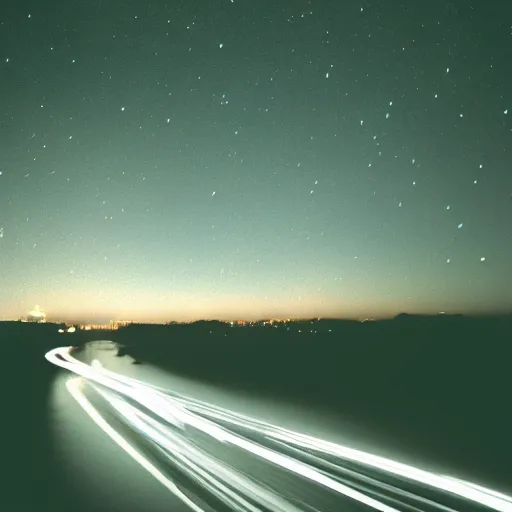 Image similar to long exposure night lansdscapes, 5 seconds shutter, Cinestill 800T