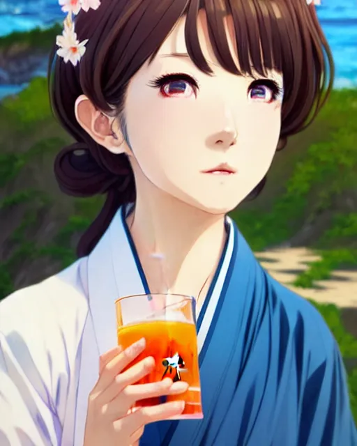 Image similar to very cute girl holding a drink in hanfu near the sea | very anime!!!, fine face, audrey plaza, realistic shaded perfect face, fine details. anime. strong realistic shaded lighting poster by ilya kuvshinov katsuhiro otomo ghost, magali villeneuve, artgerm, jeremy lipkin and michael garmash and rob rey