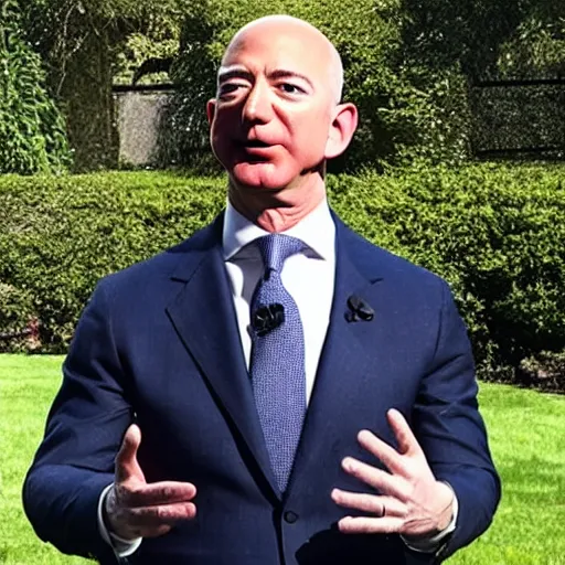 Image similar to Jeff Bezos as the president of the United States speaking with reporters on the what house lawn