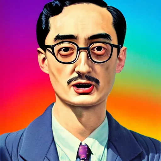 Image similar to A 1950s Colorized Style Poster of Filthy Frank, grainy, realistic, hyperrealistic, very realistic, very very realistic, highly detailed, very detailed, extremely detailed, detailed, digital art, trending on artstation, detailed face, very detailed face, very detailed face, realism, HD Quality, 8k resolution, intricate details, body and head in frame, drawing, inked drawing, poster drawing, neat drawing, 1950s, 50s, in the style of Frank Hampson, in the style of Frank Bellamy, in the style of Dave Gibbons, in the style of Don Lawrence, in the style of Wally Wood, Colorized, 1950s Poster