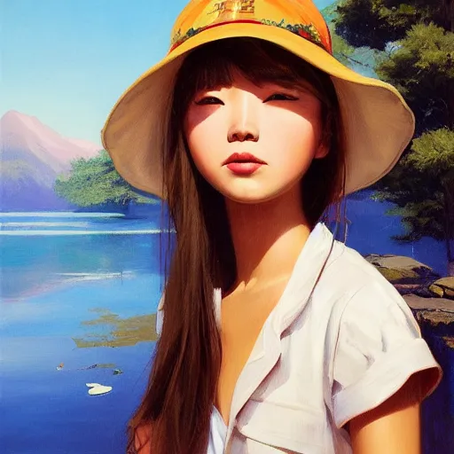 Image similar to oil painting by ilya kuvshinov,, baugh casey, artgerm craig mullins, leyendecker, of a youthful japanese girl, long hair, fishing and wearing fisherman's outfit, fisherman's hat, highly detailed, breathtaking face, studio photography, noon, intense bounced light, water reflection, large tree casting shadow, serine intense sunlight