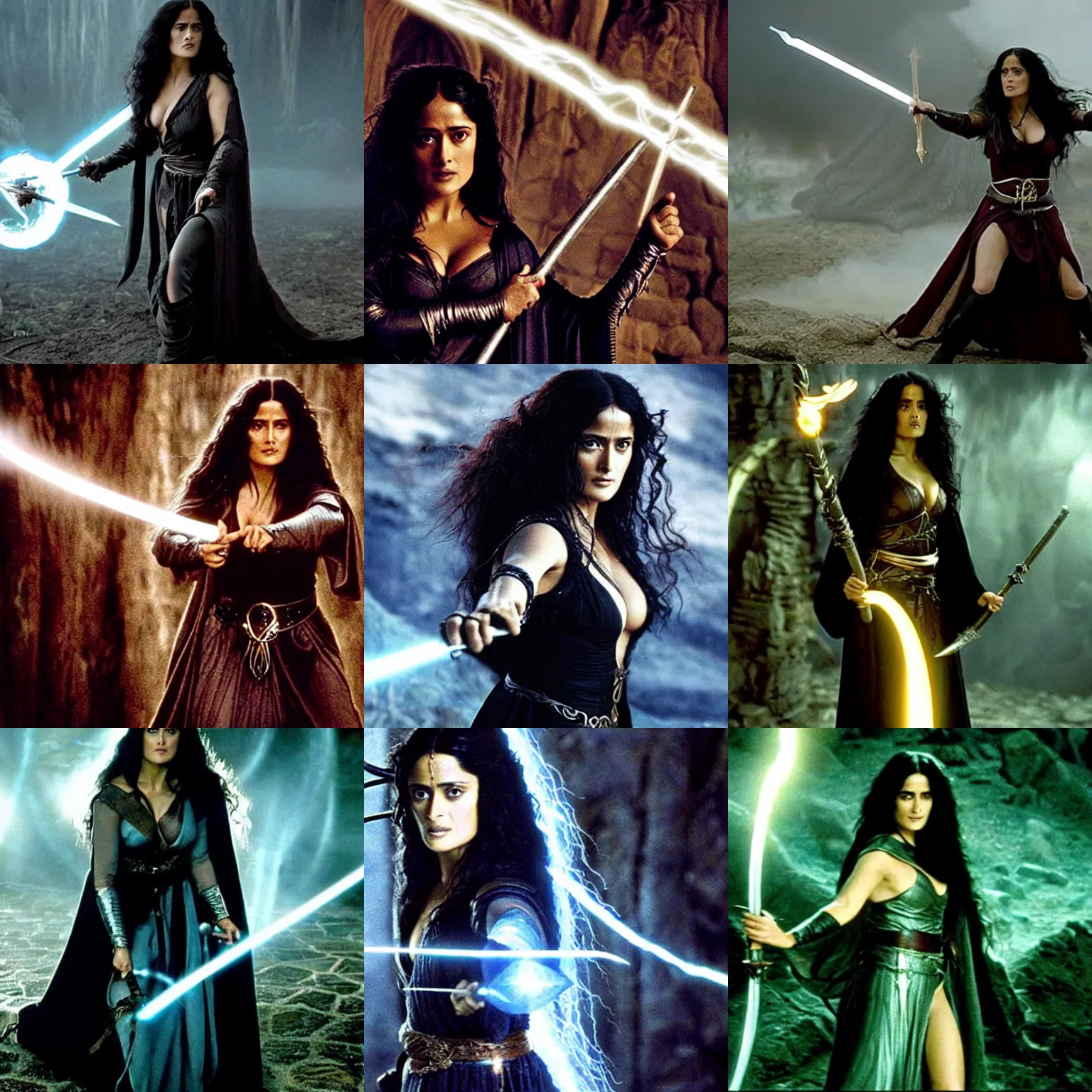 Prompt: epic photo of salma hayek as beautiful medieval sorceress with very long black hair wearing a black satin robe and metal belt, battle scene, holding her wizard staff electricity emanating from it, sweaty, in the film lord of the rings, movie still, cinematography by david fincher