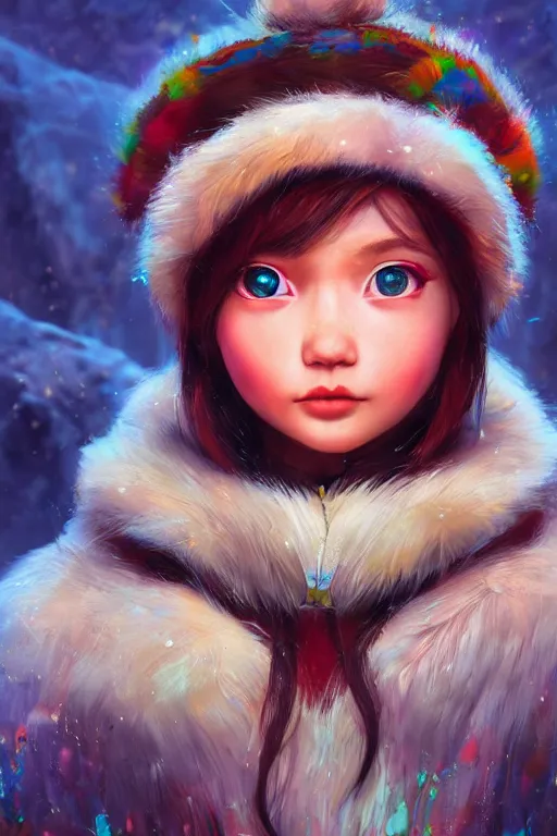 Image similar to cute eskimo girl, vivid colors, high details, cinematic, 8k resolution, beautiful detailed, photorealistic, digital painting, artstation, concept art, smooth, sharp focus, illustration, fantasy background, artstation trending, octane render, unreal engine