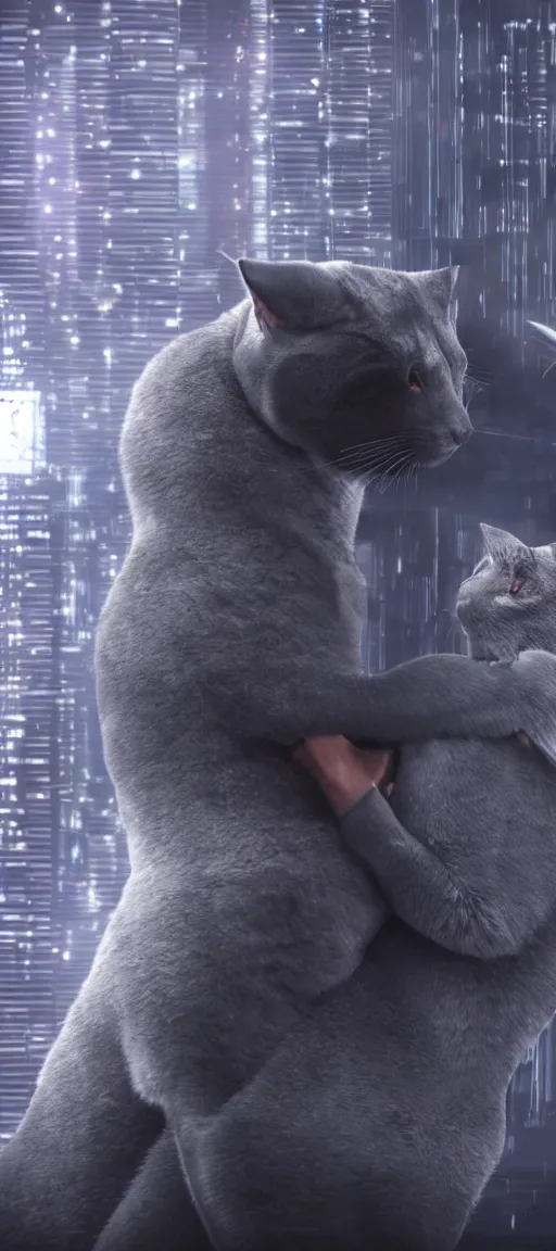 Image similar to black seal hugging gray cat, romantic in cyberpunk world, dramatic, cinematic footage, volumetric iight, octan render 4 k