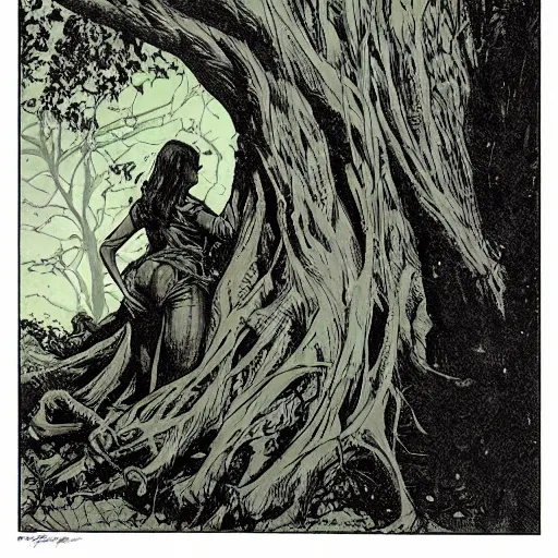 Prompt: beautiful girl in the shape of a tree by wrightson, bernie