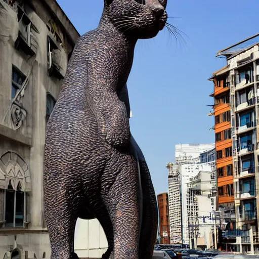 Image similar to a giant cat statue in a city, by moebius