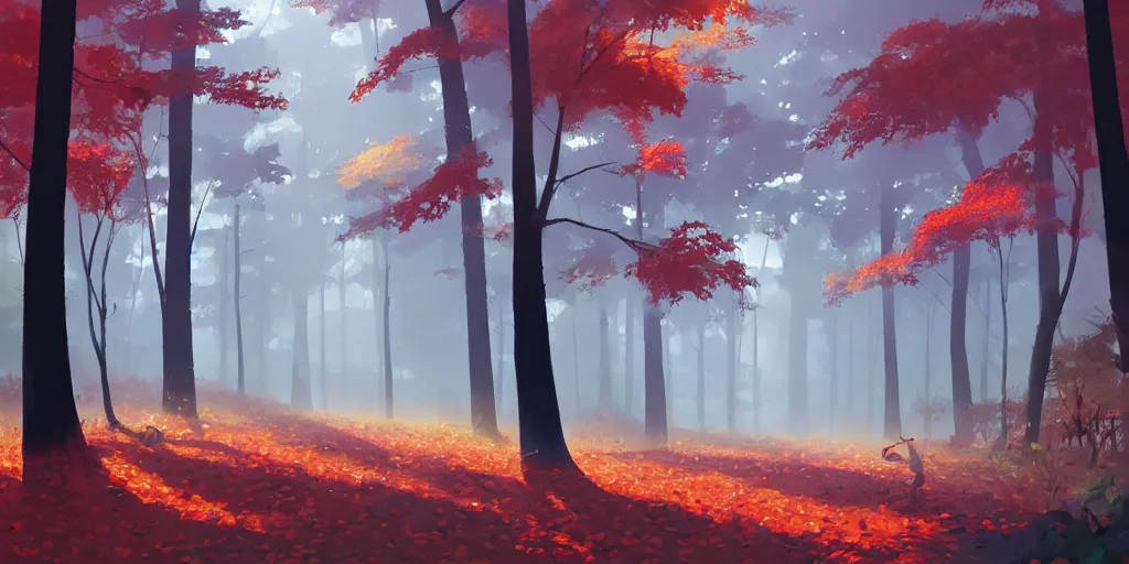 Prompt: goro fujita ilustration an autumn forest with tall trees, the ground full of leaves, the light rays reach the ground, the rain falls creating drops all over the forest., painting by goro fujita, sharp focus, highly detailed, artstation