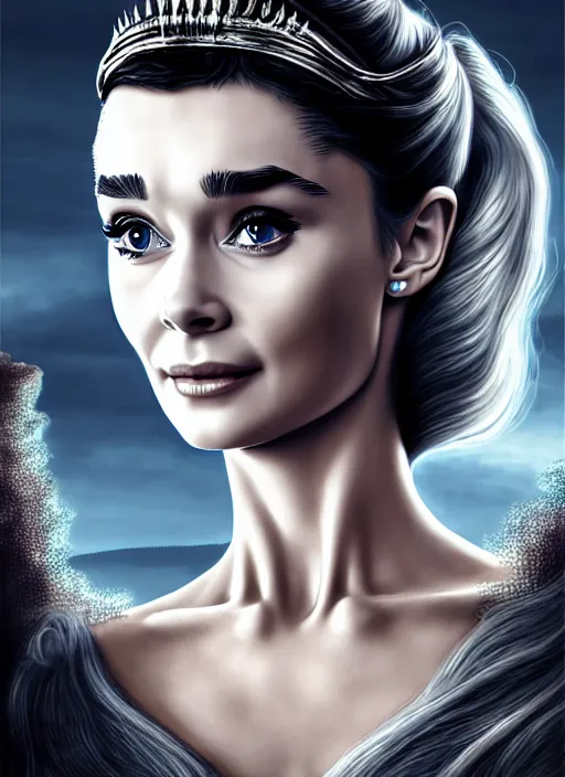 Prompt: photo of audrey hepburn as daenerys targaryen in the style of stefan kostic, realistic, half body shot, sharp focus, 8 k high definition, insanely detailed, intricate, elegant, art by stanley lau and artgerm, cyberpunk city backgeound