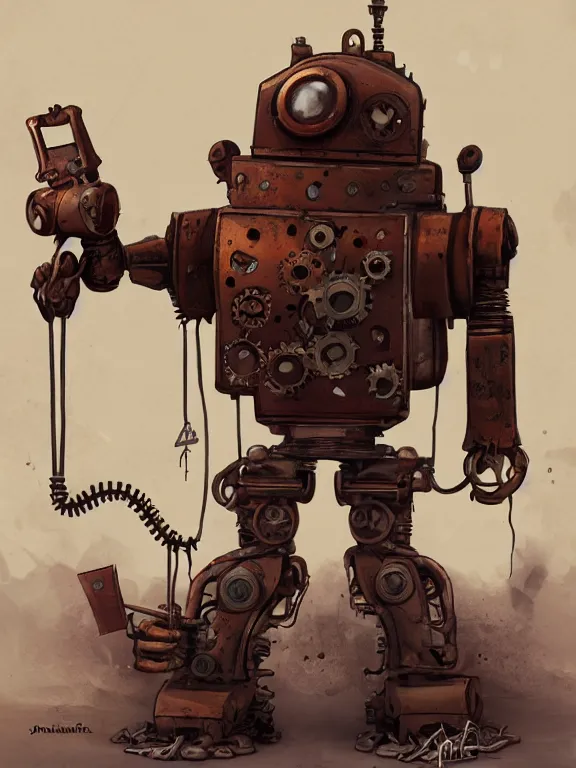Prompt: a rusted steampunk law - enfoncer robot, junkyard, digital illustration, grimdark, artstation