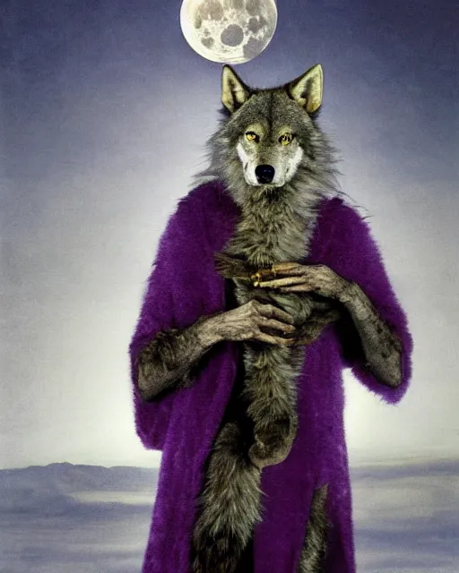 Image similar to Tall emaciated man wolf hybrid, covered in matted fur, he has yellow wolf eyes, a long bent rat like tail, long coyote like ears, and is Wearing a purple velvet cape and is holding a Silver cane with his right hand, Atmospheric Full Moon, highly realistic, Rick Baker style, photoreal, photograph in the style of Annie Leibovitz