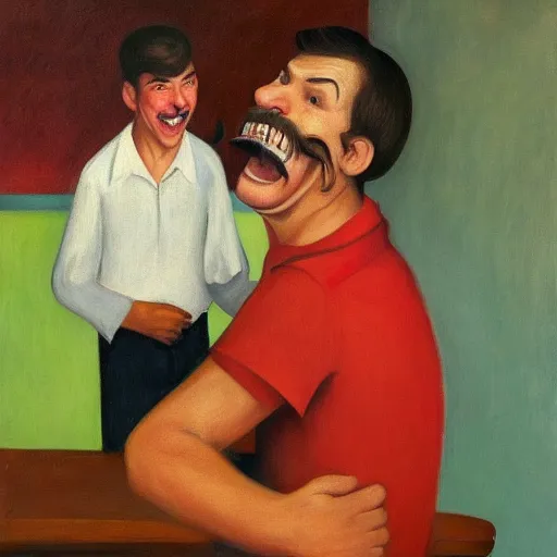 Prompt: long shot of a man with brown hair and mustache laughing with a short brown hair boy with red shirt by pj crook, edward hopper, oil on canvas