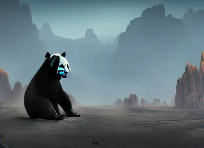 Prompt: film still of a barren wasteland filled with giant robot pandas, by rupam raaj r., trending on artstation