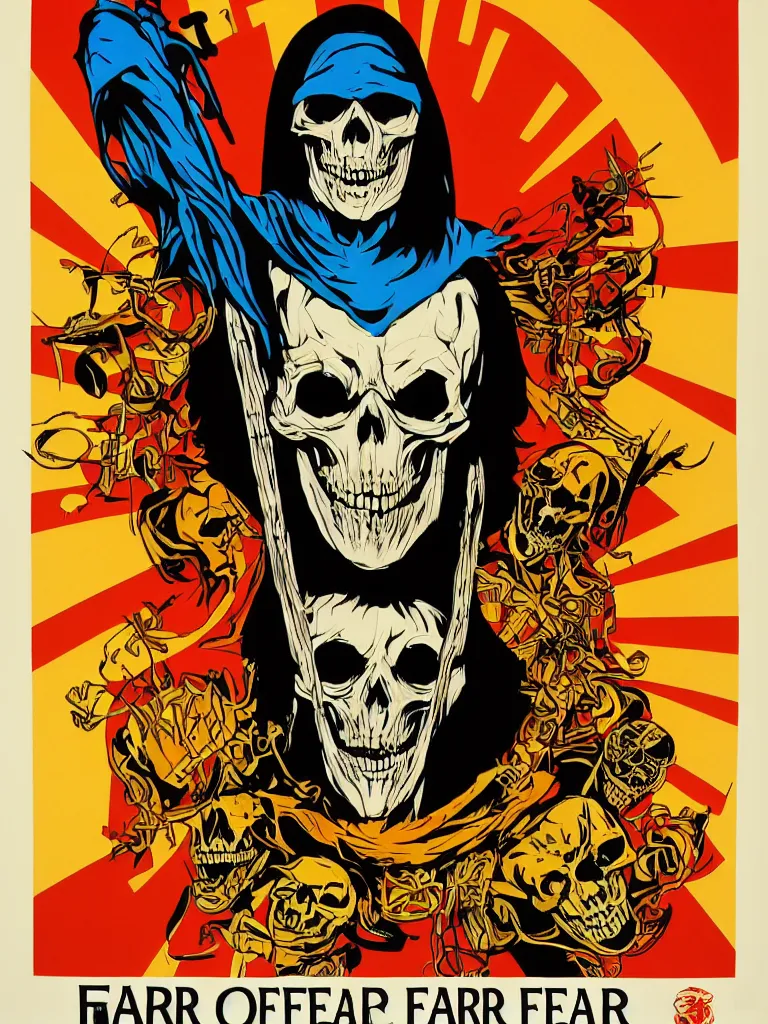 Prompt: poster of skeletor with the word fear, red yellow orange black and cream colors, poster by shepard fairey