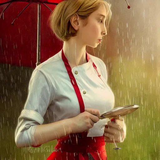 Image similar to elf woman standing in rain, short blonde hair, red and white chef's apron, sharp focus, intricate, smooth, ultra realistic digital art, elegant, by artgerm, greg rutkowski, raymond swanland, alphonse mucha