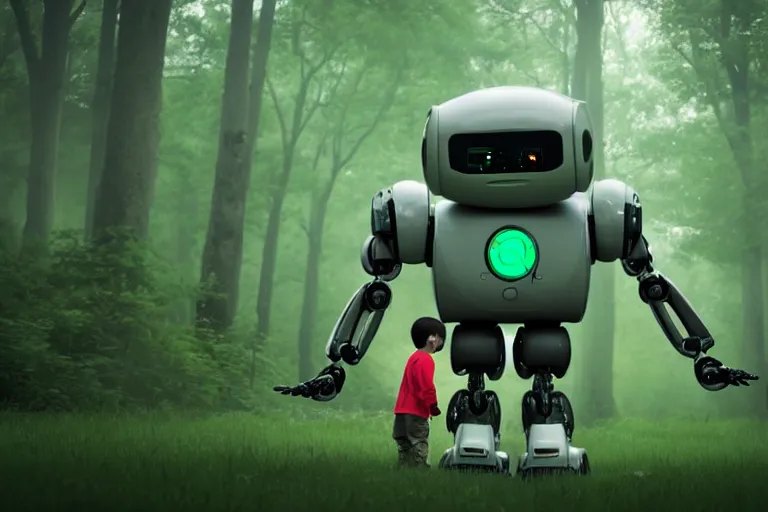 Prompt: A small boy discovers a large mechanical robot with green eyes in the misty forest