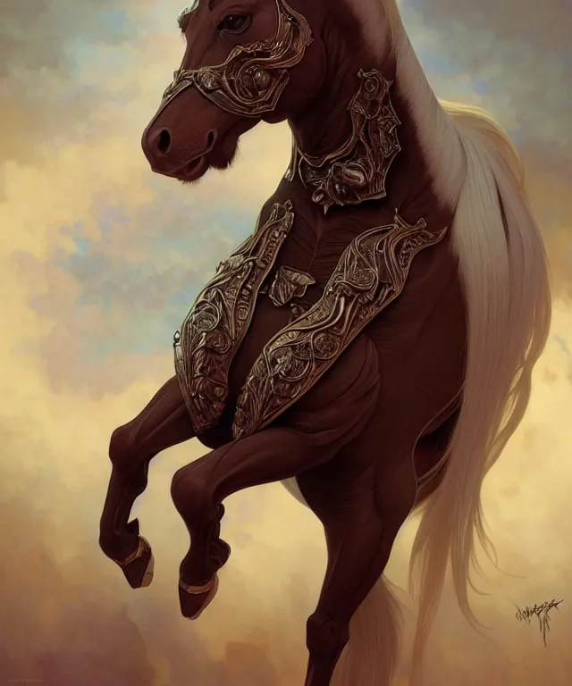 Prompt: anthropomorphic horse, fursona, trending on FurAffinity, dark surrealist , fantasy, intricate, elegant, highly detailed, digital painting, artstation, concept art, smooth, sharp focus, illustration, art by artgerm and greg rutkowski and alphonse mucha