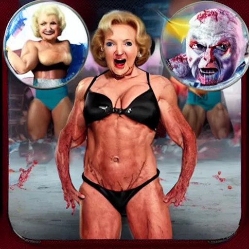 Image similar to betty white muscular wwe world champion wrestling zombies