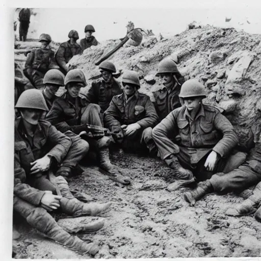 Prompt: vintage photo of Nicolas Cage sitting in war trenches surrounded by other soldiers, vintage photo