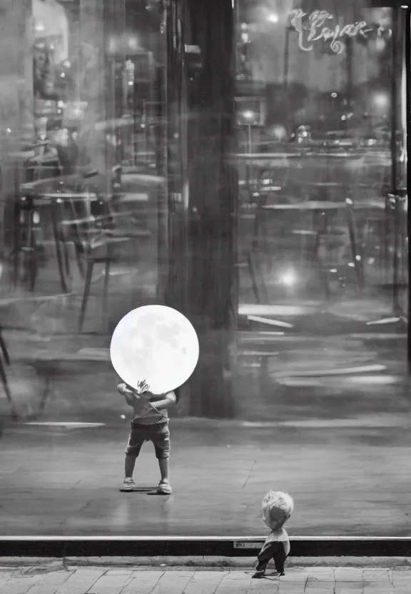 Image similar to little boy holding an umbrella in front of a bar at night, full moon, minimalist, black and white artwork