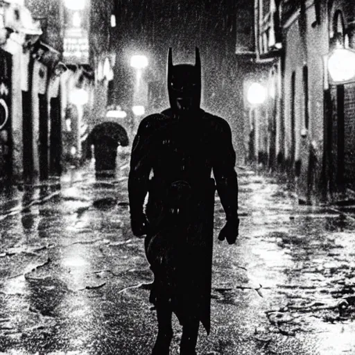 Image similar to 1900's photo of batman with frowning in deep alley street holding his emotion while walking slowly towards a street lamp, rain and smokes while the moon shines on his back, blurry, candid