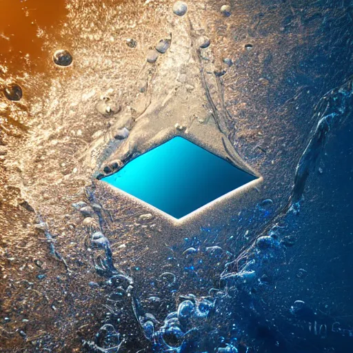 Image similar to water artwork manipulation inside the shape of an upside - down triangle on the ocean water, ray tracing, realistic water, focus, long shot, 8 k resolution, cinematic, water art photoshop