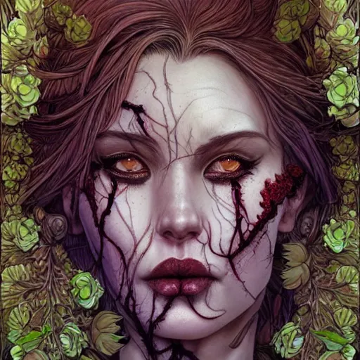 Image similar to a beautiful detailed front view portrait of a rotten woman corpse with plants and fractal flowers growing around, artgerm, joshua middleton comic cover art,