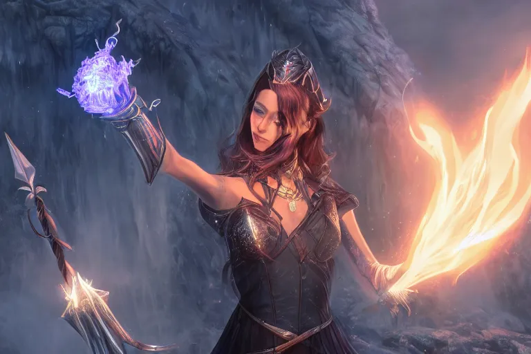 Image similar to ultra detailed fantasy, a beautiful magician with. a fireball in her hand, an ice sword, realistic, dnd, rpg, lotr game design fanart by concept art, behance hd, artstation, deviantart, global illumination radiating a glowing aura global illumination ray tracing hdr render in unreal engine 5