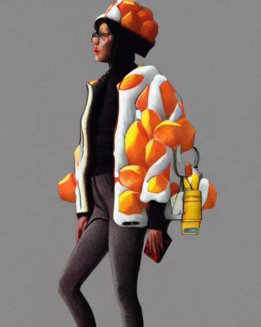 Image similar to a puffy and oversized winter surrealistic mango fruit jacket, concept, mucha, virgil abloh, wes anderson, ilya kuvshinov, photorealistic, artstation, high fashion, incenerate, modern