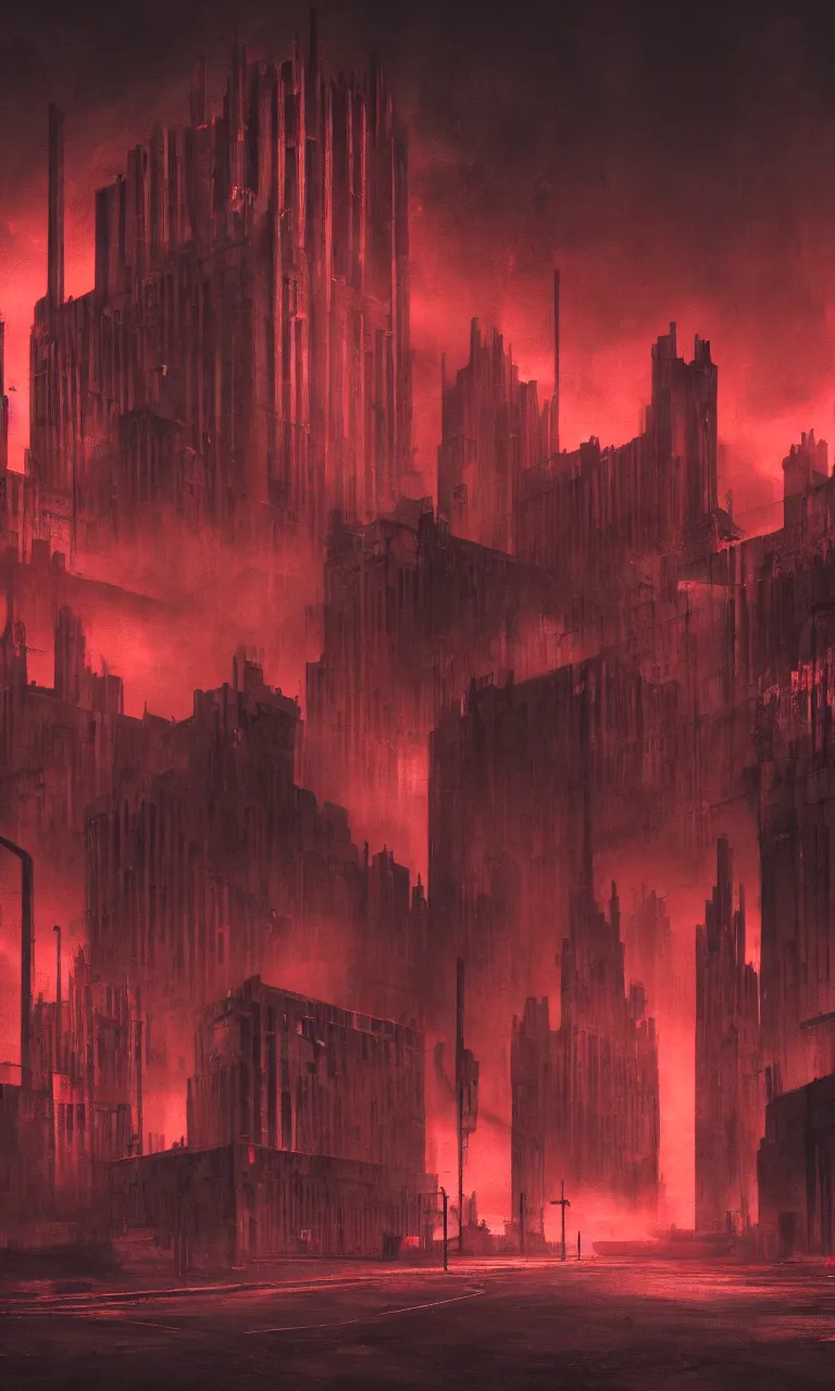 Prompt: Matte painting of dark brutalist cathedral with red neon lights, abandoned streets, cityscape, dark sky,