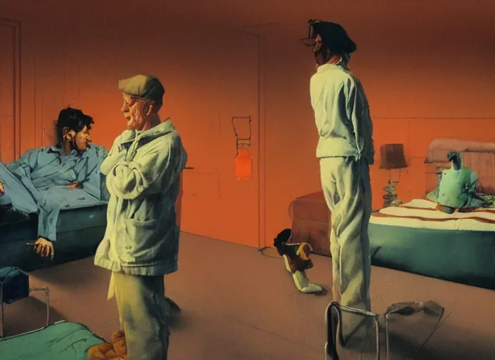 Prompt: a still from the movie one flew over the cuckoo's nest by francis bacon and norman rockwell and james jean, and mark brooks, triadic color scheme, by greg rutkowski, syd mead and edward hopper and norman rockwell and beksinski, dark surrealism, orange and turquoise