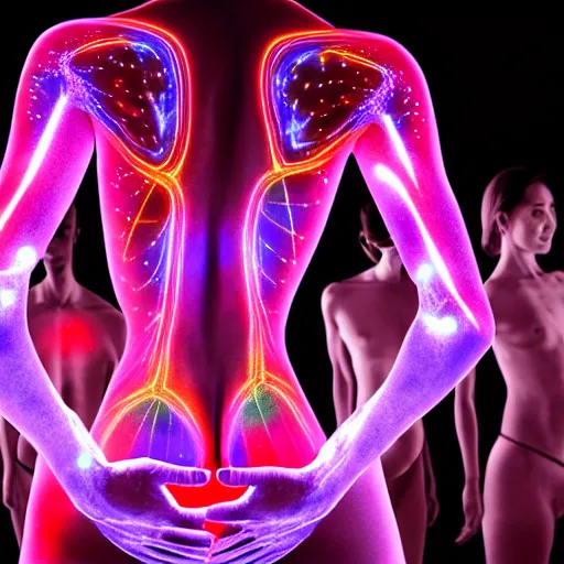 Image similar to diverse groups of humans with glowing electronic body implants projecting amazing images collectively, from behind, rebirth, beauty, wide angle, elaborate, wet, highly detailed, colors, beautiful lighting