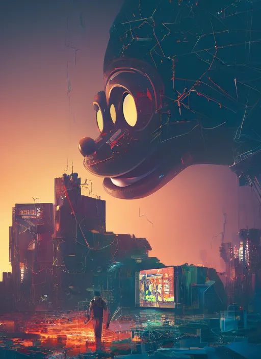 Image similar to giant destroyed head of cyberpunk mickey mouse surrounded by engineers, inside of abandoned netflix office, by beeple, dystopia, golden ratio, octane render, trending on artstation, 8 k