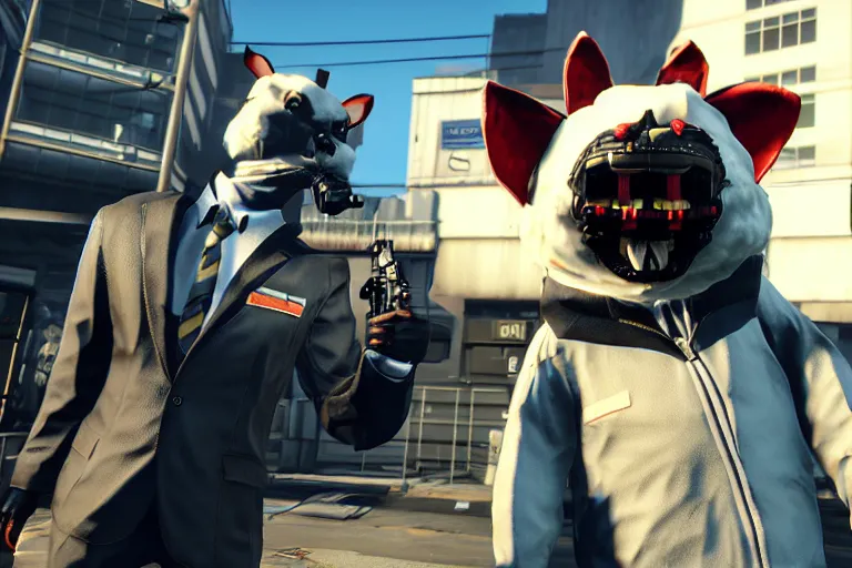 Prompt: Screenshot from the PC game Payday 2 demonstrating the fursuit unlock