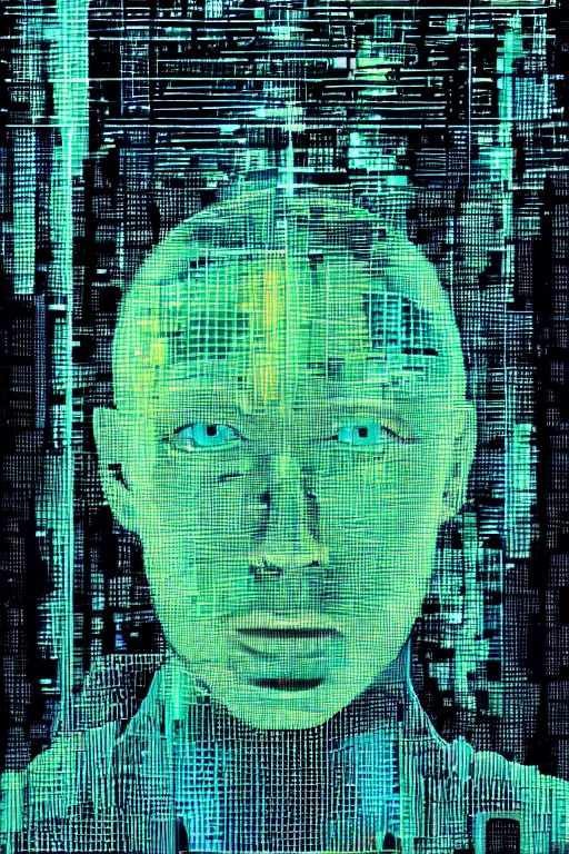Image similar to A portrait of Thom Yorke as a cyberpunk, iridescent highlights, background of digital greebles, highly detailed, intricate, soft, sci-fi, sharp focus, glowing lines, art by Moebius