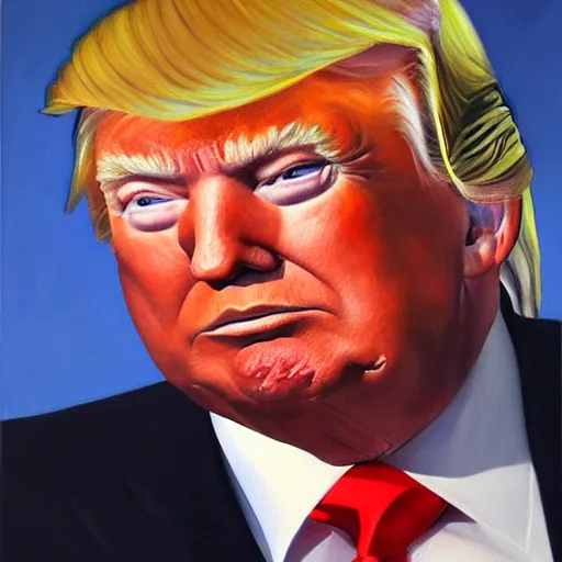 Image similar to perfect, realistic oil painting of Donald Trump, by Sakimichan, by an American professional senior artist, Hollywood concept, dynamic composition and motion, postproduction.