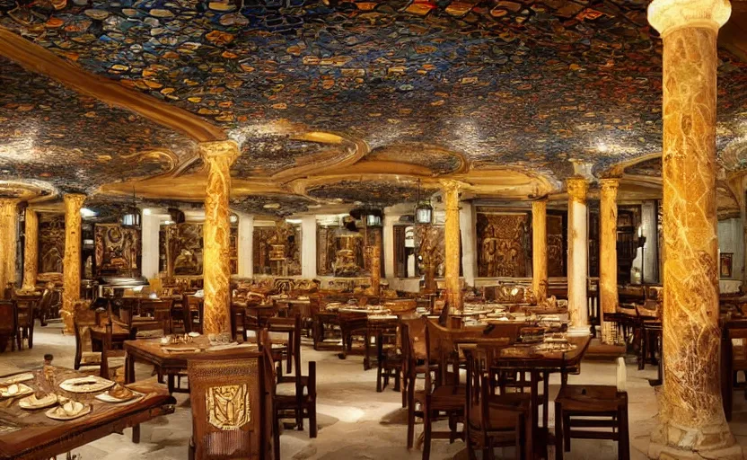 Prompt: interior of an atlantis themed restaurant, ancient greek style, mosaics, pillars, marble, golden details, tables, atmospheric lighting