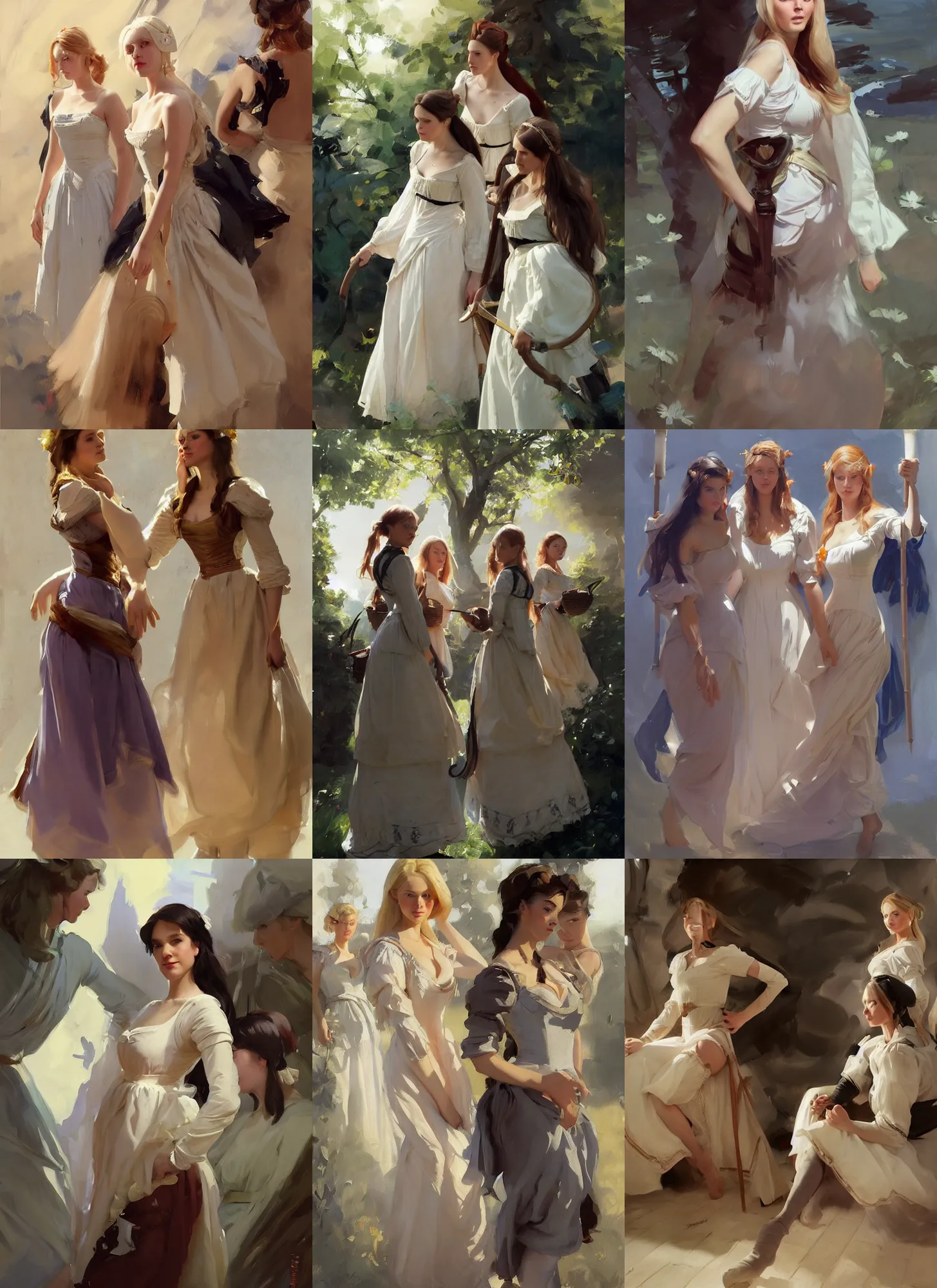 Prompt: three beautiful finnish norwegian swedish scandinavian attractive glamour models wearing as village maidens in 1 7 th century bodice with low neckline walking in versailles jodhpurs greg manchess painting by sargent and leyendecker, studio ghibli fantasy medium shot asymmetrical intricate elegant matte painting illustration hearthstone, by greg rutkowski by greg tocchini by james gilleard