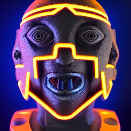 Image similar to claymodel of a cyberpunk aztec futurism robot head, 8 k, symetrical, flourescent colors, halluzinogenic, multicolored, insanely integrate, black background, 3 d render,