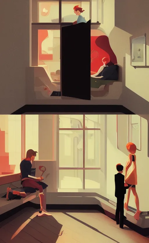 Image similar to young love, surreal illustration, by atey ghailan and escher and edward hopper