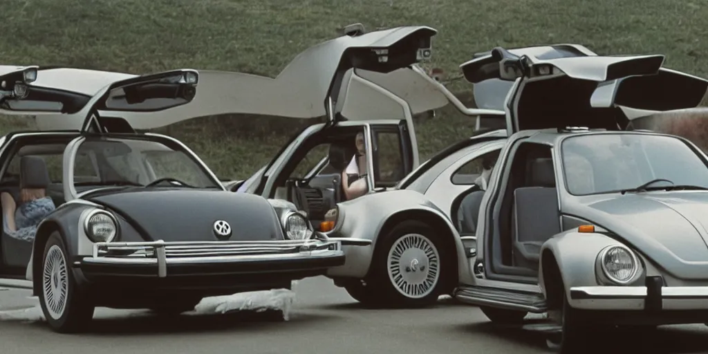 Image similar to Back to the future Still, twin pines scene, with a Volkswagen Beetle with gullwing doors, instead of a DeLorean, movie grain, cinematic composition, cinemascope, 1985